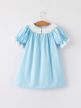 Load image into Gallery viewer, Girls Easter Bunny Smocking Embroidered Lace Cuff Blue Dress