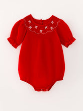 Load image into Gallery viewer, Girls Bow Smocking Embroidered Red Romper