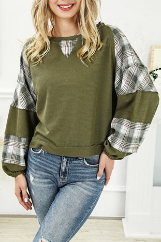 Olive/Plaid Sleeve Waffle Top