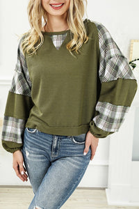 Olive/Plaid Sleeve Waffle Top