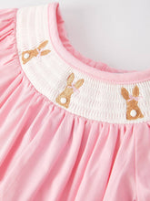 Load image into Gallery viewer, Girls Easter Bunny Smocking Embroidered Lace Cuff Pink Romper