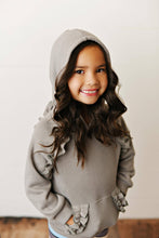 Load image into Gallery viewer, Kids Gray Ruffle Hoodie and Rainbow Stripe Leggings Fall Set