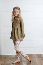 Load image into Gallery viewer, Girls Sage Green 3 Ruffles Shirt &amp; Floral Leggings Fall Set