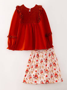 Fall Girls Rust/floral skirt Set