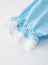 Load image into Gallery viewer, Girls Easter Bunny Smocking Embroidered Lace Cuff Blue Dress