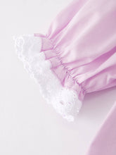 Load image into Gallery viewer, Girls Easter Bunny Smocking Embroidered Lace Cuff Purple Dress
