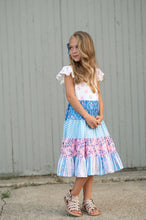Load image into Gallery viewer, Kids Pink &amp; Blue Floral Checkered Tiered Spring Dress