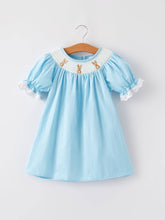 Load image into Gallery viewer, Girls Easter Bunny Smocking Embroidered Lace Cuff Blue Dress