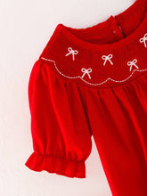 Load image into Gallery viewer, Girls Bow Smocking Embroidered Red Romper