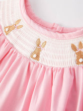 Load image into Gallery viewer, Girls Easter Bunny Smocking Embroidered Lace Cuff Pink Dress
