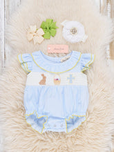 Load image into Gallery viewer, Blessed Bunny Smocked Cotton Ruffle Bubble Romper