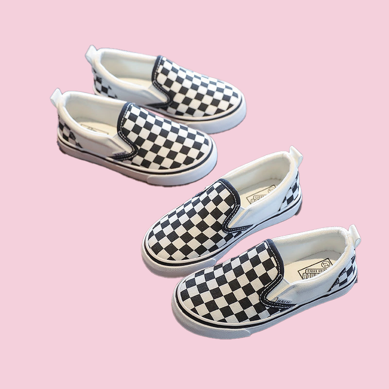 Womens and Kids Black and White Checker Slip-ons