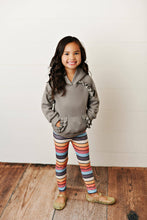 Load image into Gallery viewer, Kids Gray Ruffle Hoodie and Rainbow Stripe Leggings Fall Set