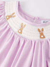 Load image into Gallery viewer, Girls Easter Bunny Smocking Embroidered Lace Cuff Purple Dress