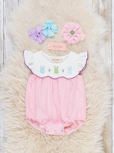 Load image into Gallery viewer, Bunny Lineup Gingham Embroidered Ruffle Bubble Romper
