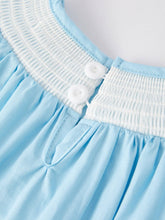 Load image into Gallery viewer, Girls Easter Bunny Smocking Embroidered Lace Cuff Blue Dress