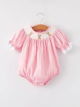 Load image into Gallery viewer, Girls Easter Bunny Smocking Embroidered Lace Cuff Pink Romper