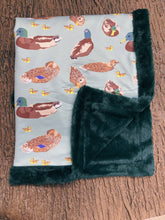 Load image into Gallery viewer, 32 inch x 32 inch Mallard duck baby blanket with cozy faux fur.