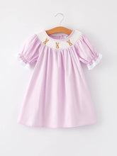 Load image into Gallery viewer, Girls Easter Bunny Smocking Embroidered Lace Cuff Purple Dress