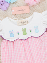 Load image into Gallery viewer, Bunny Lineup Gingham Embroidered Ruffle Bubble Romper