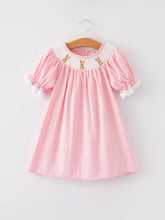 Load image into Gallery viewer, Girls Easter Bunny Smocking Embroidered Lace Cuff Pink Dress