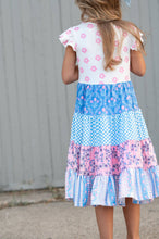 Load image into Gallery viewer, Kids Pink &amp; Blue Floral Checkered Tiered Spring Dress