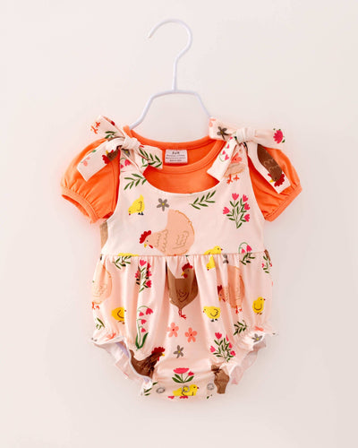 2025 Easter Chicken Baby Girl Ruffle Romper 2 pcs Set