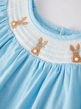 Load image into Gallery viewer, Girls Easter Bunny Smocking Embroidered Lace Cuff Blue Dress