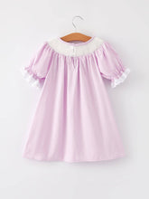 Load image into Gallery viewer, Girls Easter Bunny Smocking Embroidered Lace Cuff Purple Dress