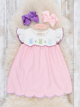 Load image into Gallery viewer, Bunny Lineup Gingham Embroidered Ruffle Dress