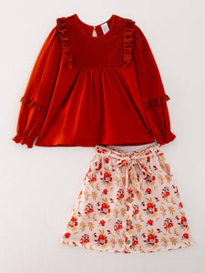 Fall Girls Rust/floral skirt Set