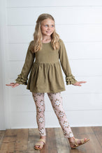 Load image into Gallery viewer, Girls Sage Green 3 Ruffles Shirt &amp; Floral Leggings Fall Set