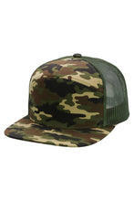 Load image into Gallery viewer, Camouflage Cotton Poly Blend 7 Panel Flat Bill Trucker Hat