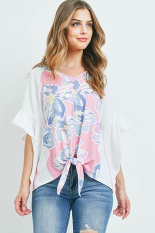 Pink/Off-White Bell Sleeve Floral Top