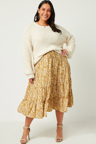 Mustard Botanical Print Tiered Skirt