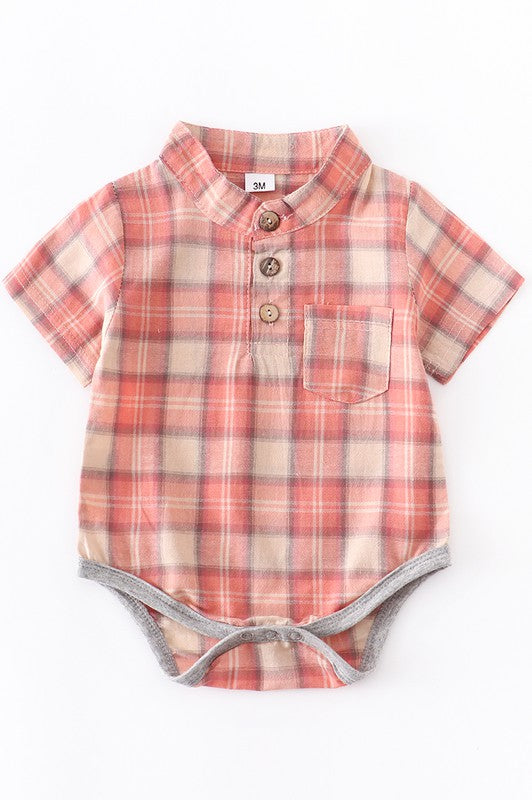 Boy's Peach Plaid Romper