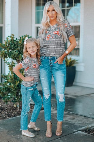 Women's Mom and Me Grey/Striped Floral Top