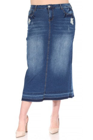 Indigo Wash Long Distressed Denim Skirt