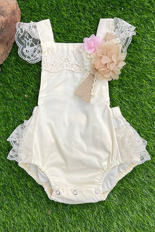 Ivory Ruffle Romper w/Floral Pin