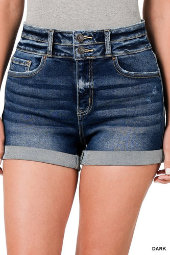 CUFFED DOUBLE BUTTON DENIM SHORTS