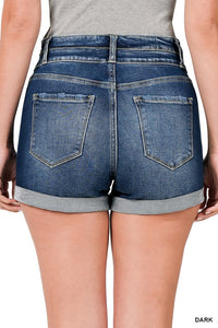 CUFFED DOUBLE BUTTON DENIM SHORTS