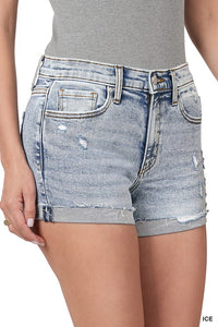 LIGHT WASHED CUFFED RAW HEM DENIM SHORTS