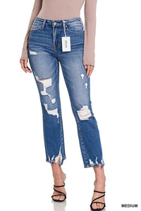 DISTRESSED RAW HEM STRAIGHT DENIM PANTS