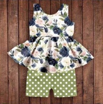 Blue floral green polka dot 2pc