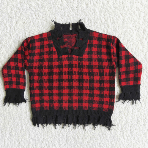 Blk/Red Checked Fringe sweater