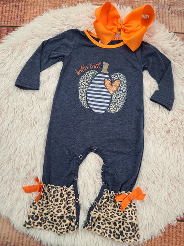 Hello Fall Denim Pumpkin Romper