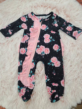Load image into Gallery viewer, Blk/pink Rose Footed Sleeper