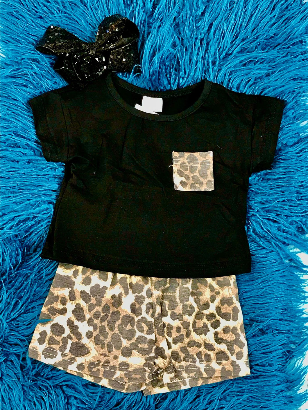 Black Shirt Leopard Short Set