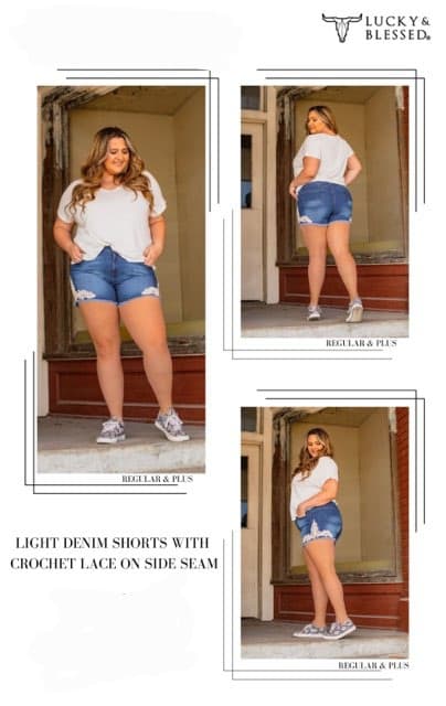 Light wash denim shorts with lace detail