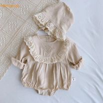 Long Sleeve Ivory Romper w/Eyelet Trim and Bonnet